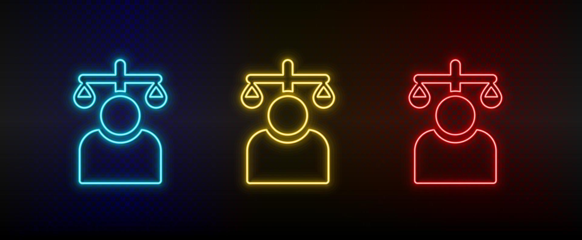 Neon icon set balance, user. Set of red, blue, yellow neon vector icon on dark transparent background