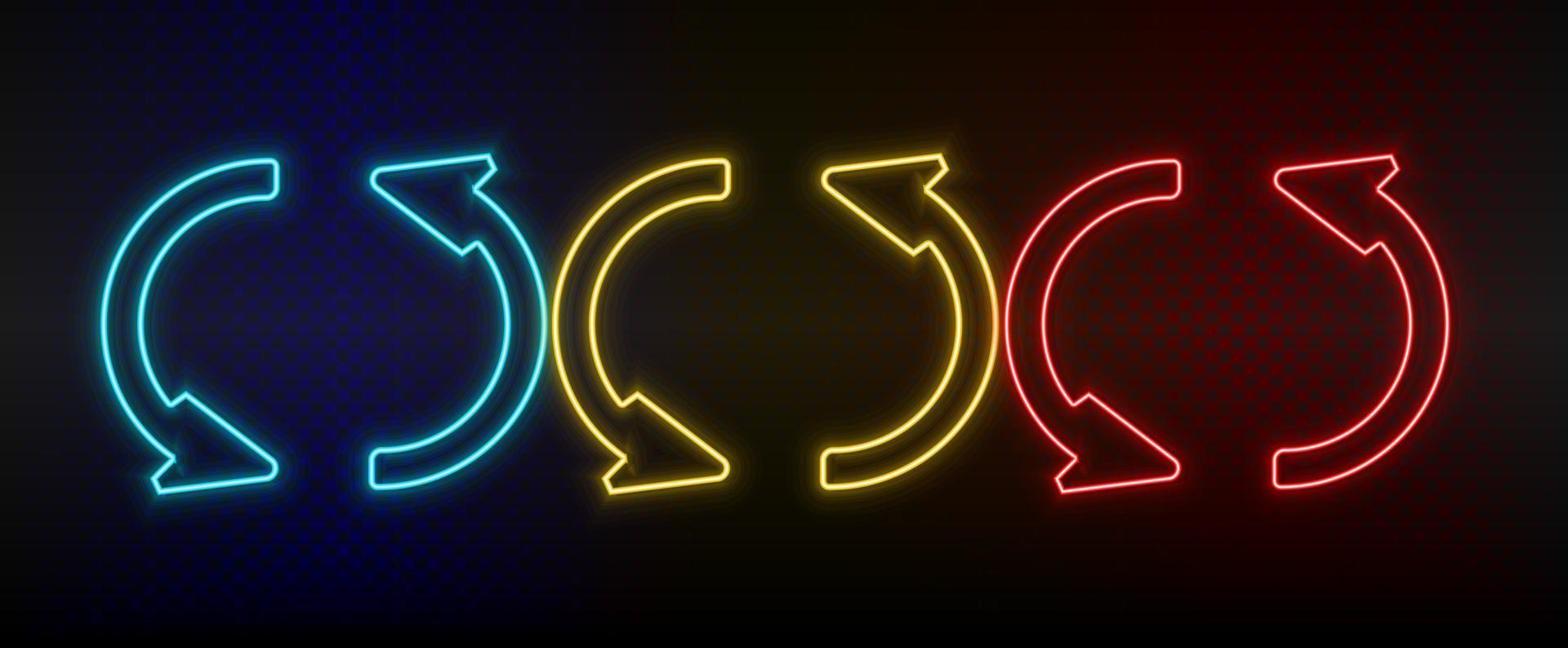 Neon icon set loading, refresh. Set of red, blue, yellow neon vector icon on dark transparent background