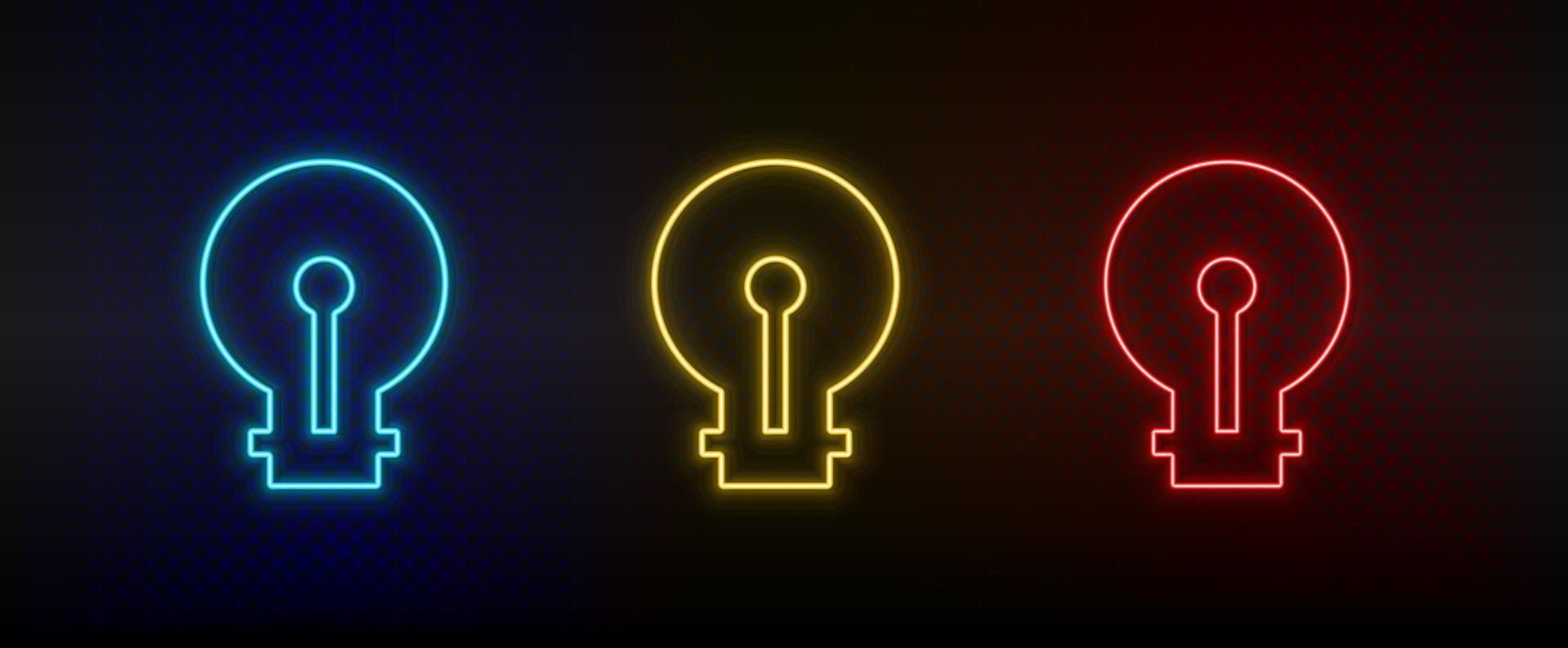Neon icon set light, bulb. Set of red, blue, yellow neon vector icon on dark transparent background