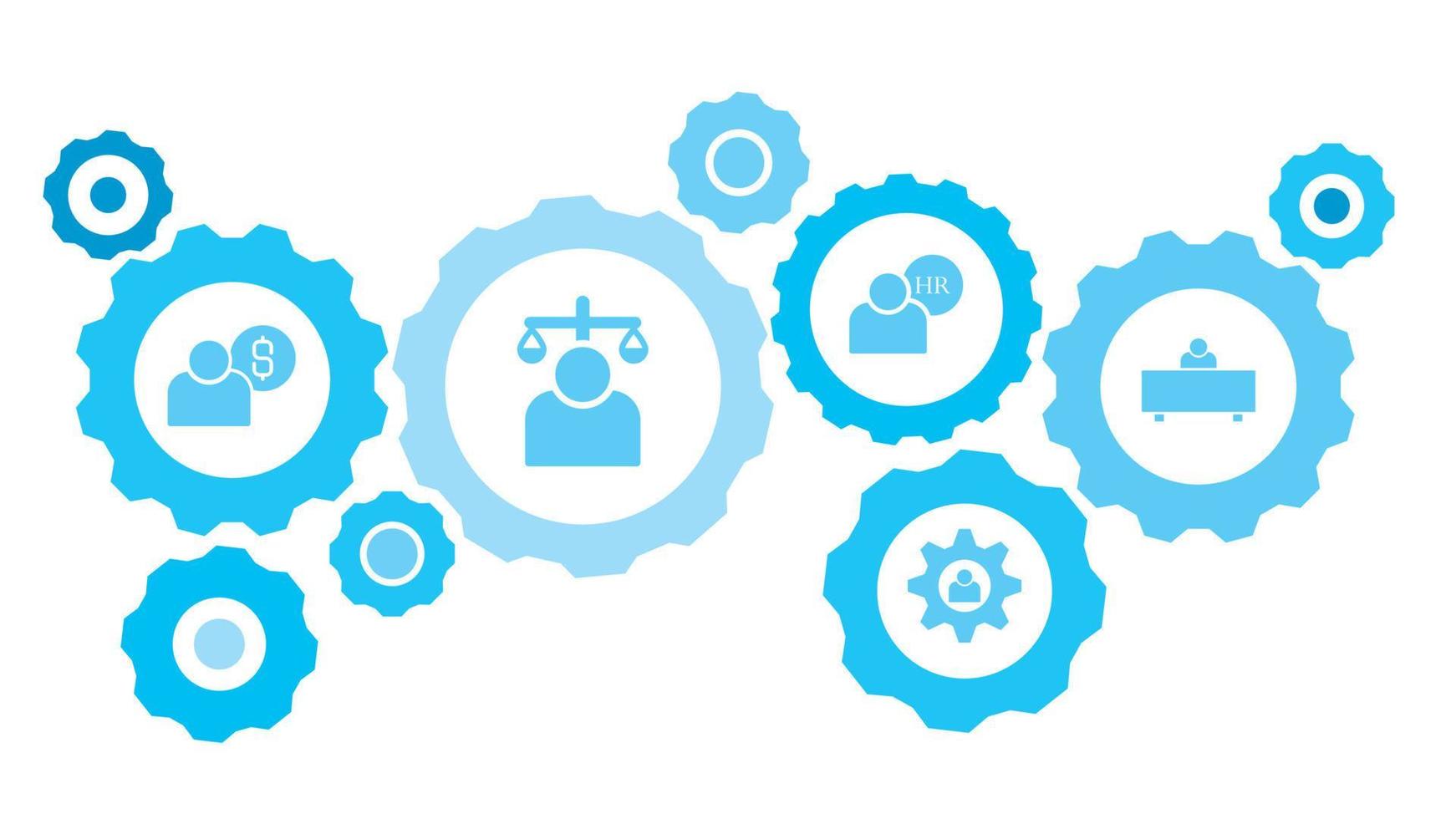 Connected gears and vector icons for logistic, service, shipping, distribution, transport, market, communicate concepts. workplace, user gear blue icon set on white background