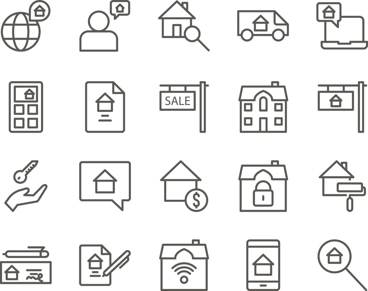 house, property, search set vector icons. Real estate icon set. Simple Set of Real Estate Related Vector Line Icons. Contains such Icons as Map, Plan, Bedrooms on white background