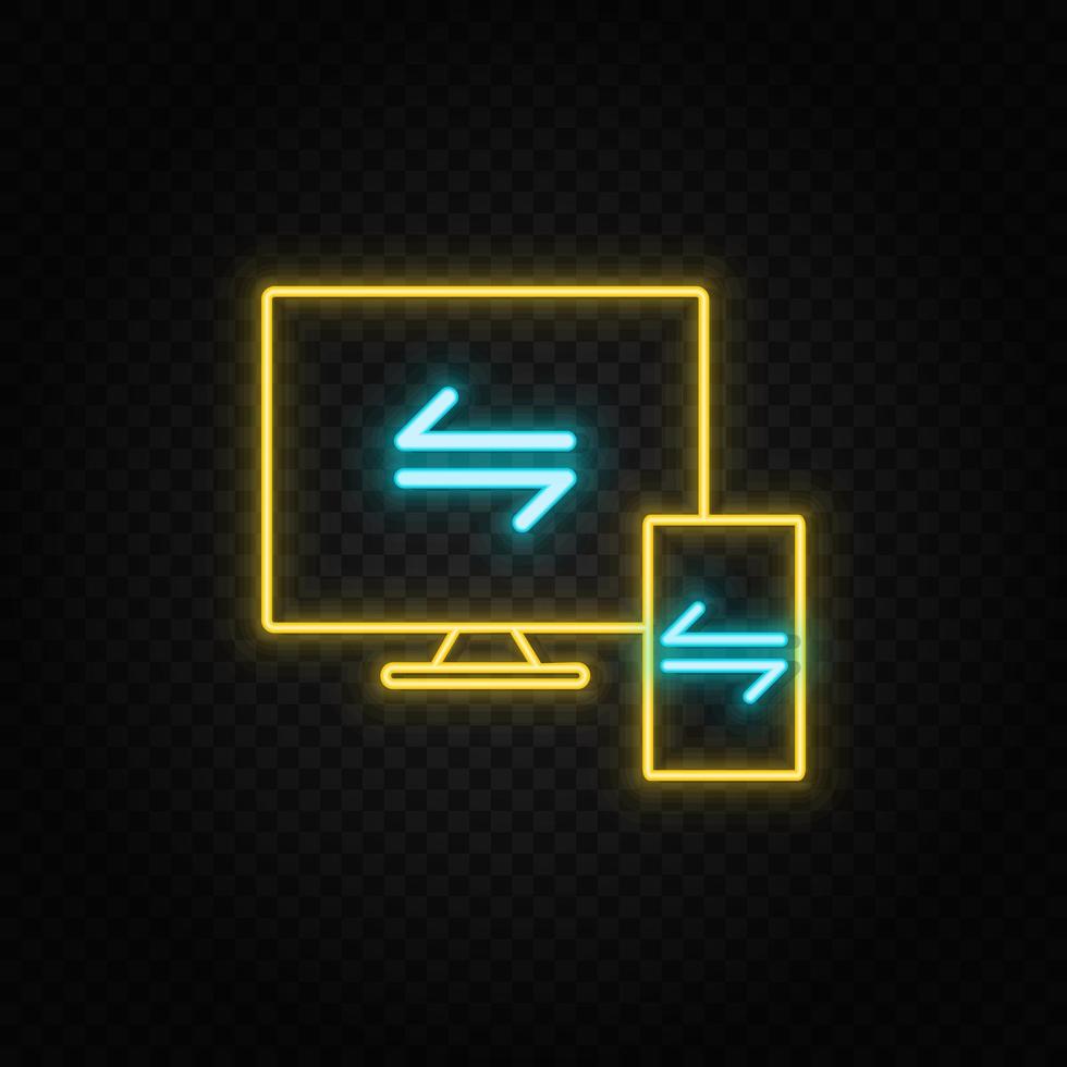 transfer, monitor, mobile neon vector icon. Blue and yellow neon vector icon. Vector transparent background