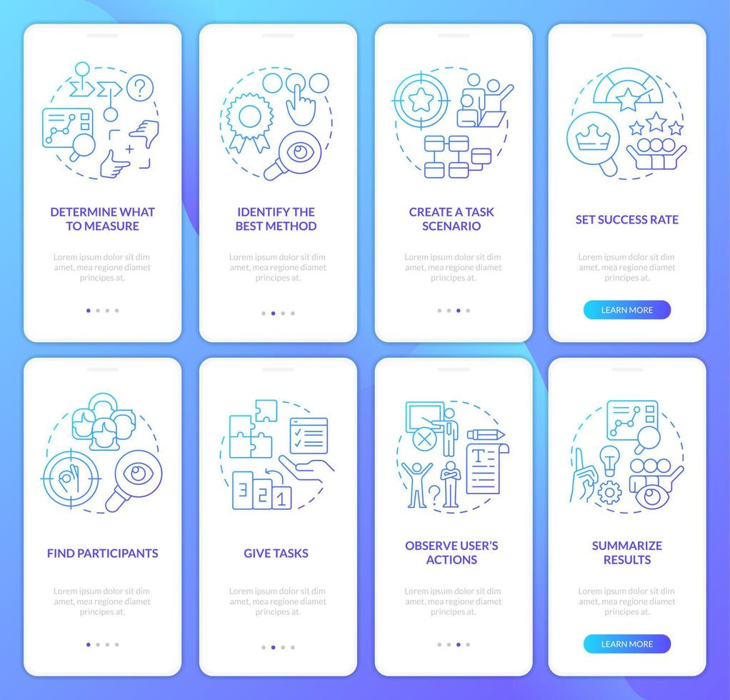 Usability testing goals blue gradient onboarding mobile app screen set. Walkthrough 4 steps graphic instructions with linear concepts. UI, UX, GUI template vector