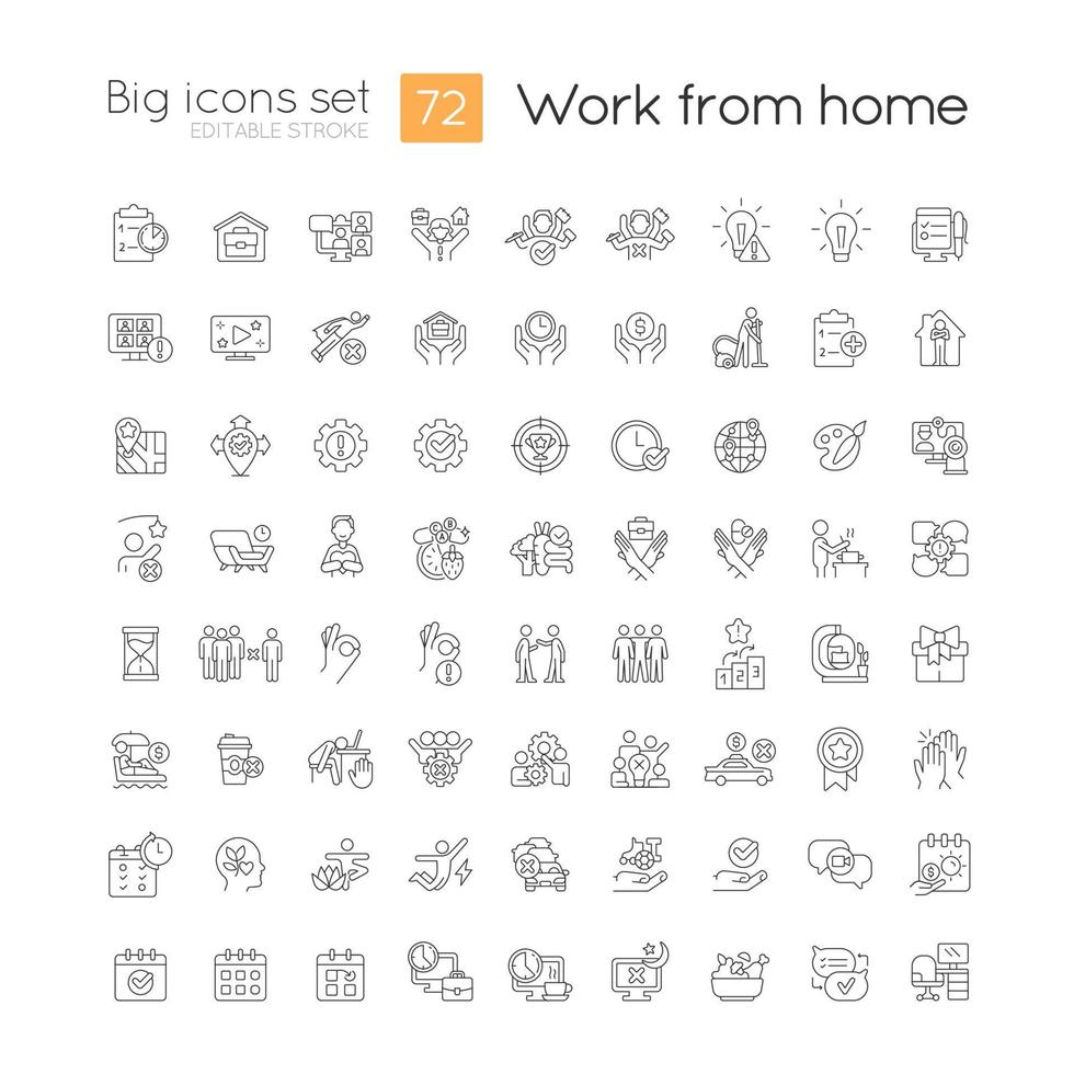 Remote workplace linear icons set. Home office. Online job. Employee mobility. Customizable thin line symbols. Isolated vector outline illustrations. Editable stroke