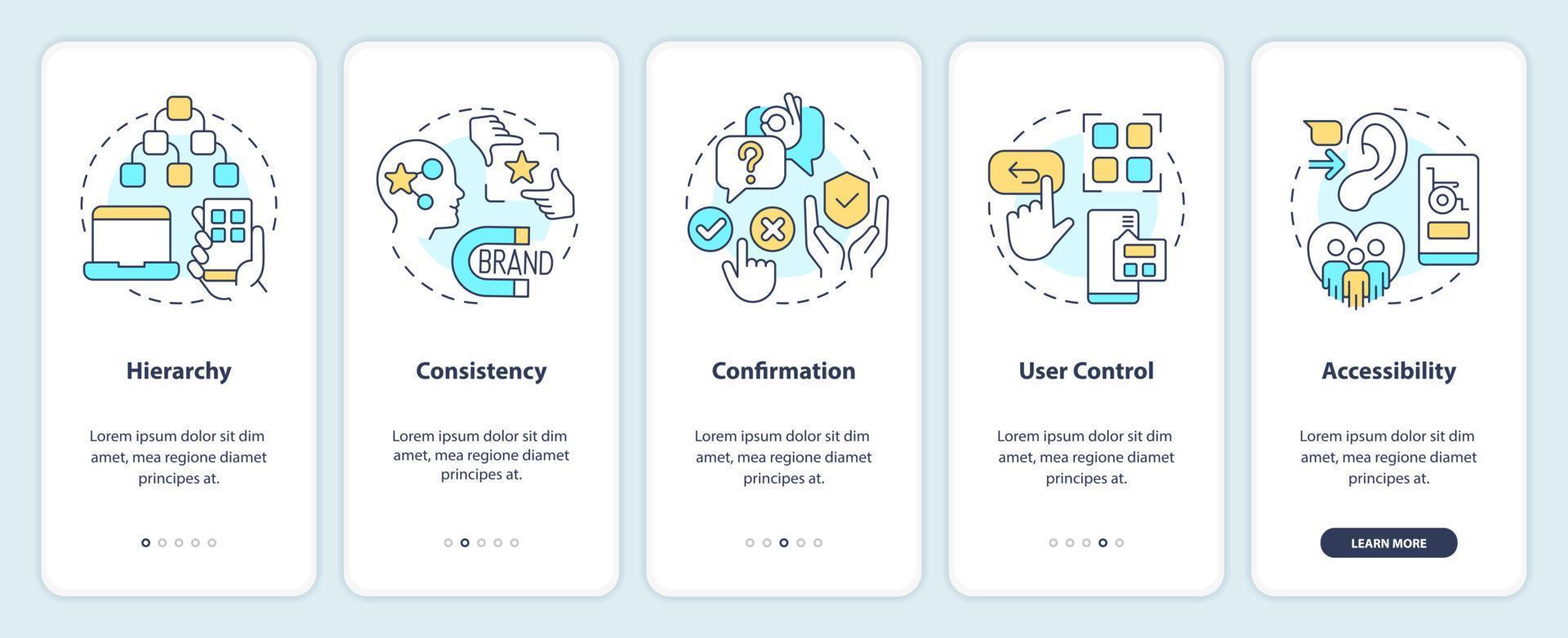 Basics of user experience design onboarding mobile app screen. Walkthrough 5 steps editable graphic instructions with linear concepts. UI, UX, GUI template vector