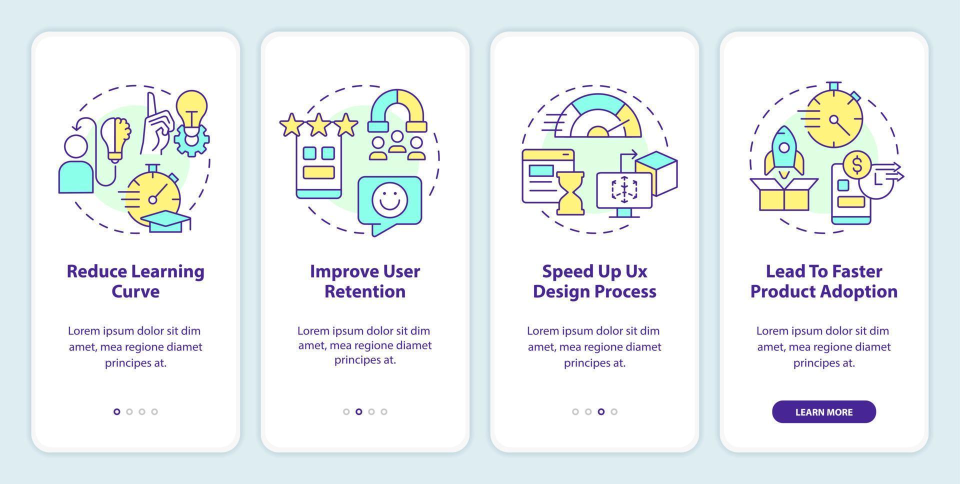 Familiarity in user experience design onboarding mobile app screen. Walkthrough 4 steps editable graphic instructions with linear concepts. UI, UX, GUI template vector