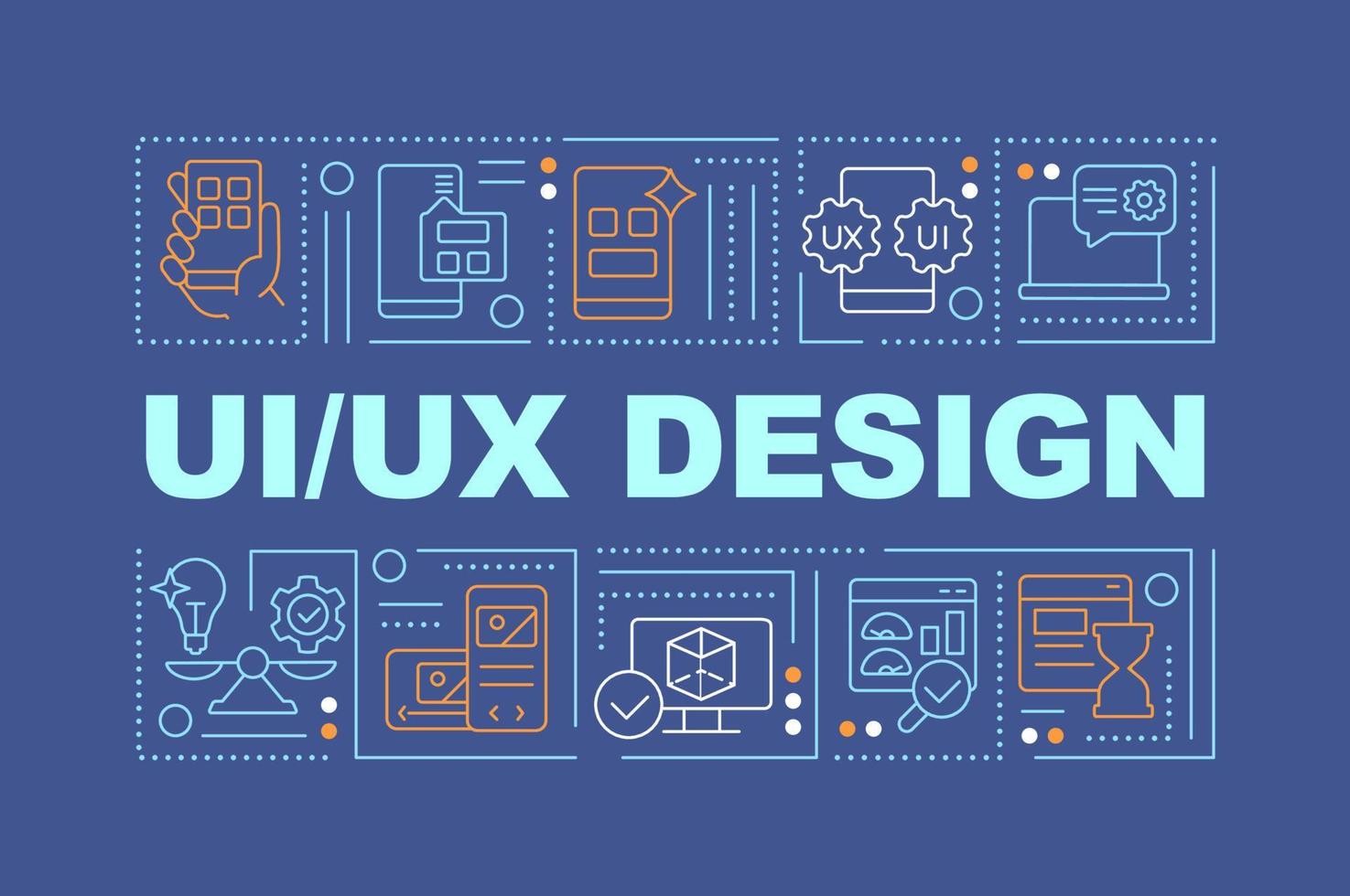 UX UI design word concepts dark blue banner. User interface basics. Infographics with editable icons on color background. Isolated typography. Vector illustration with text