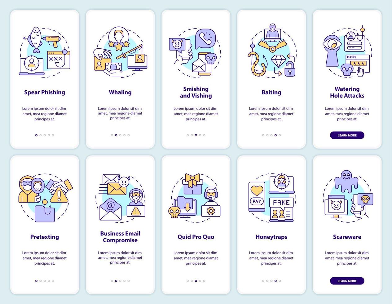 Types of cybercrime attacks onboarding mobile app screen set. Threats walkthrough 5 steps editable graphic instructions with linear concepts. UI, UX, GUI template vector