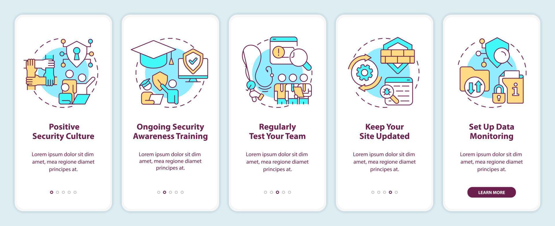 Protect your business tips onboarding mobile app screen. Safety walkthrough 5 steps editable graphic instructions with linear concepts. UI, UX, GUI template vector