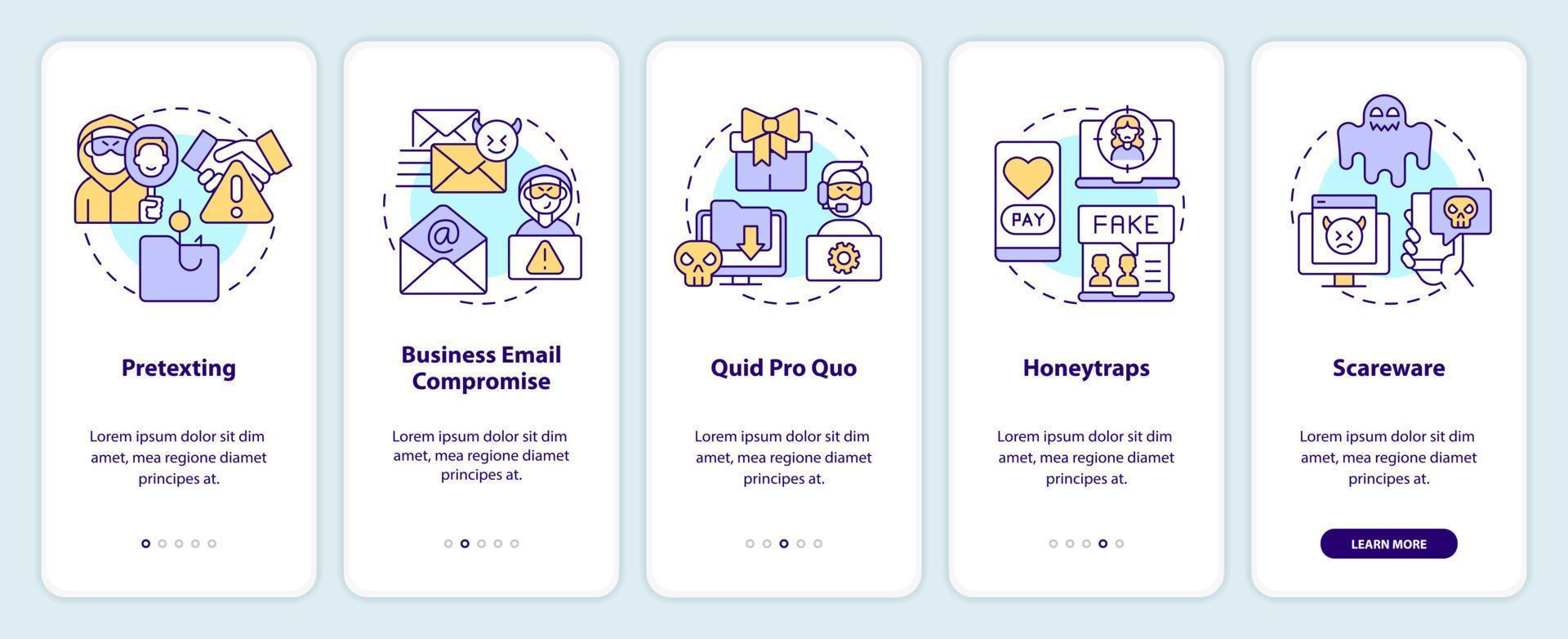 Types of cyberattacks onboarding mobile app screen. Online threat walkthrough 5 steps editable graphic instructions with linear concepts. UI, UX, GUI template vector