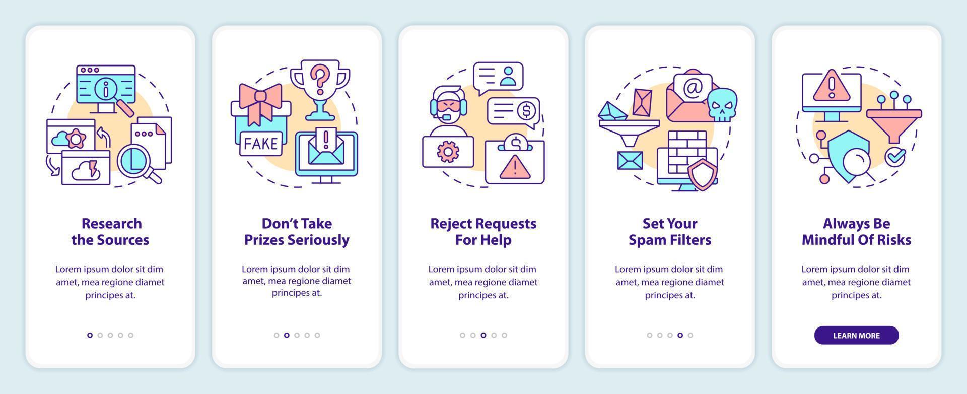 Protection from cybercrimes tips onboarding mobile app screen. Walkthrough 5 steps editable graphic instructions with linear concepts. UI, UX, GUI template vector