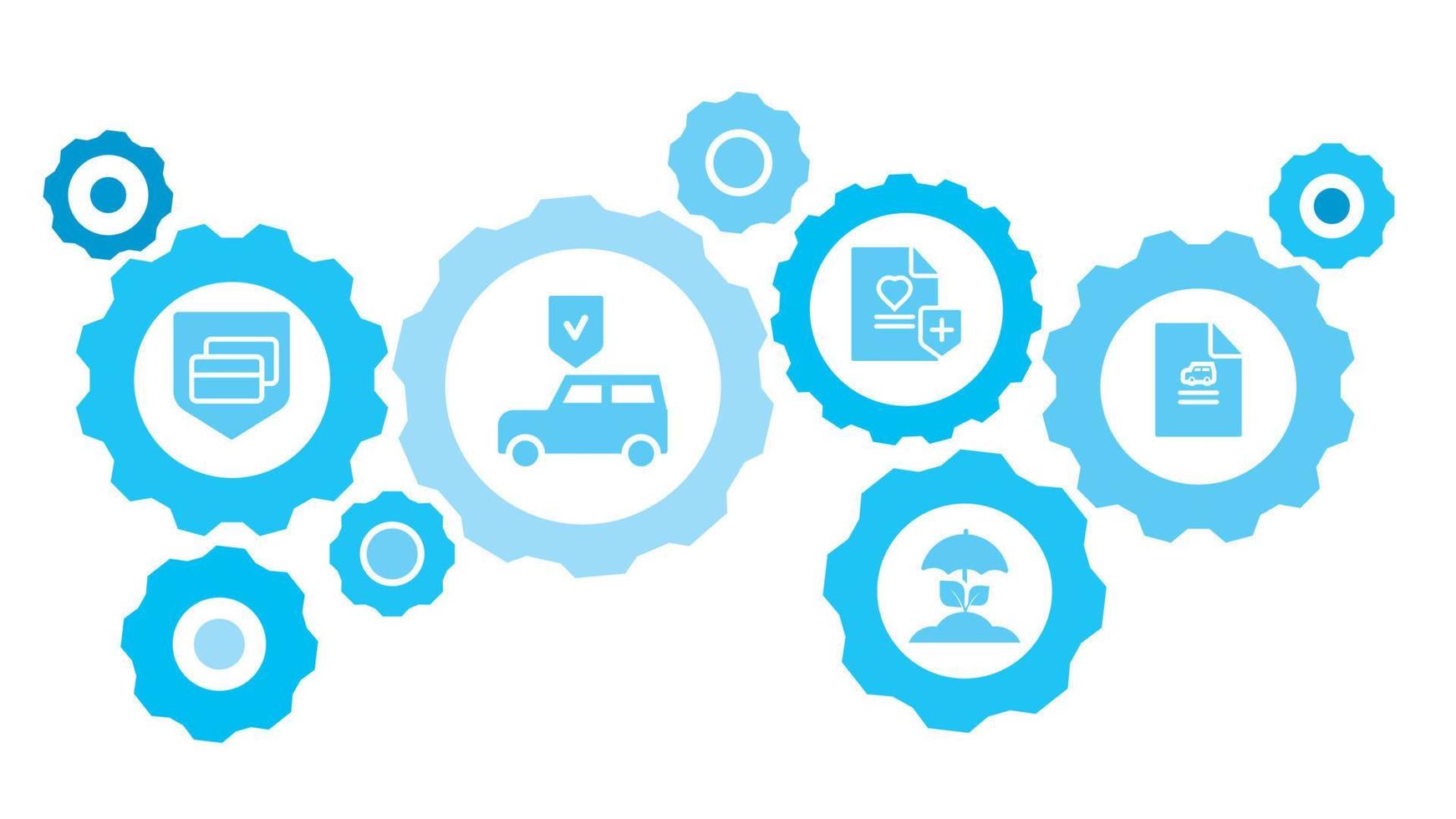 Connected gears and icons for logistic, service, shipping, distribution, transport, market, communicate concepts. Auto, car, insurance, policy gear blue icon set on white background vector