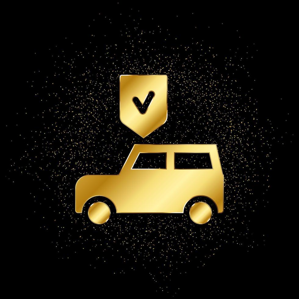 Auto insurance, car, protection, shield gold, icon. Vector illustration of golden particle background . Vector gold background