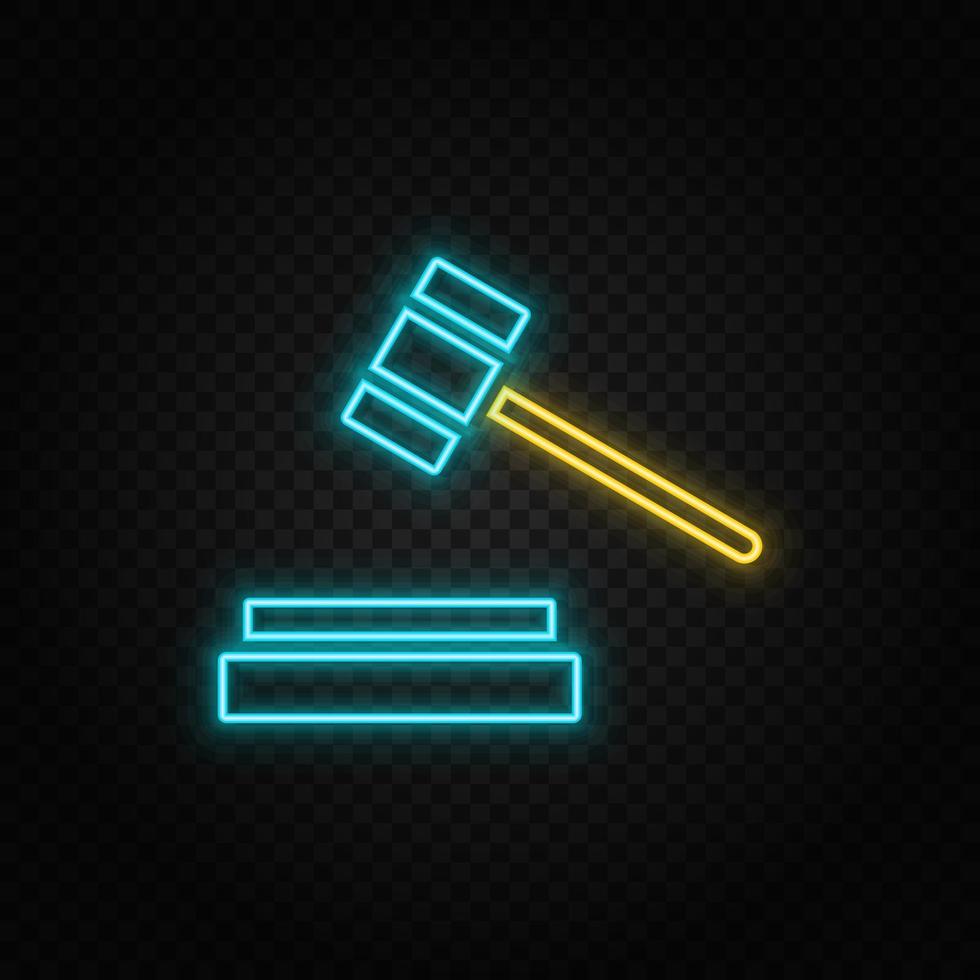 Trial hammer. Blue and yellow neon vector icon. Transparent background.