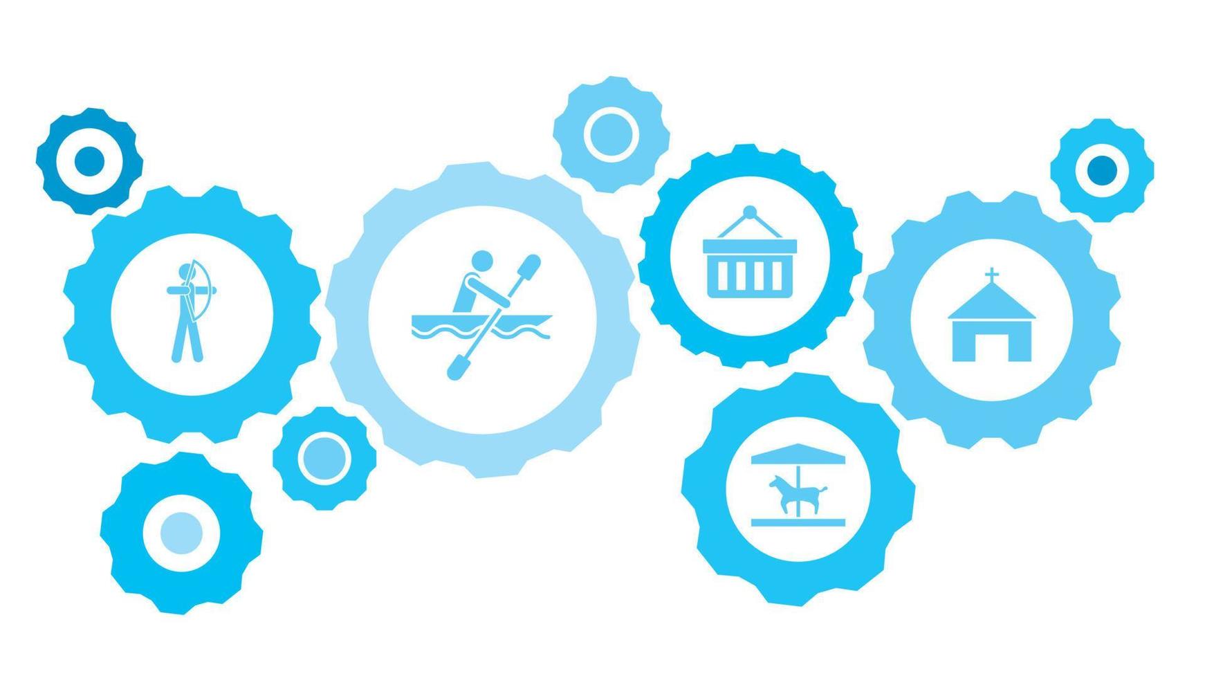 Church gear blue icon set. Abstract background with connected gears and icons for logistic, service, shipping, distribution, transport, market, communicate concepts vector