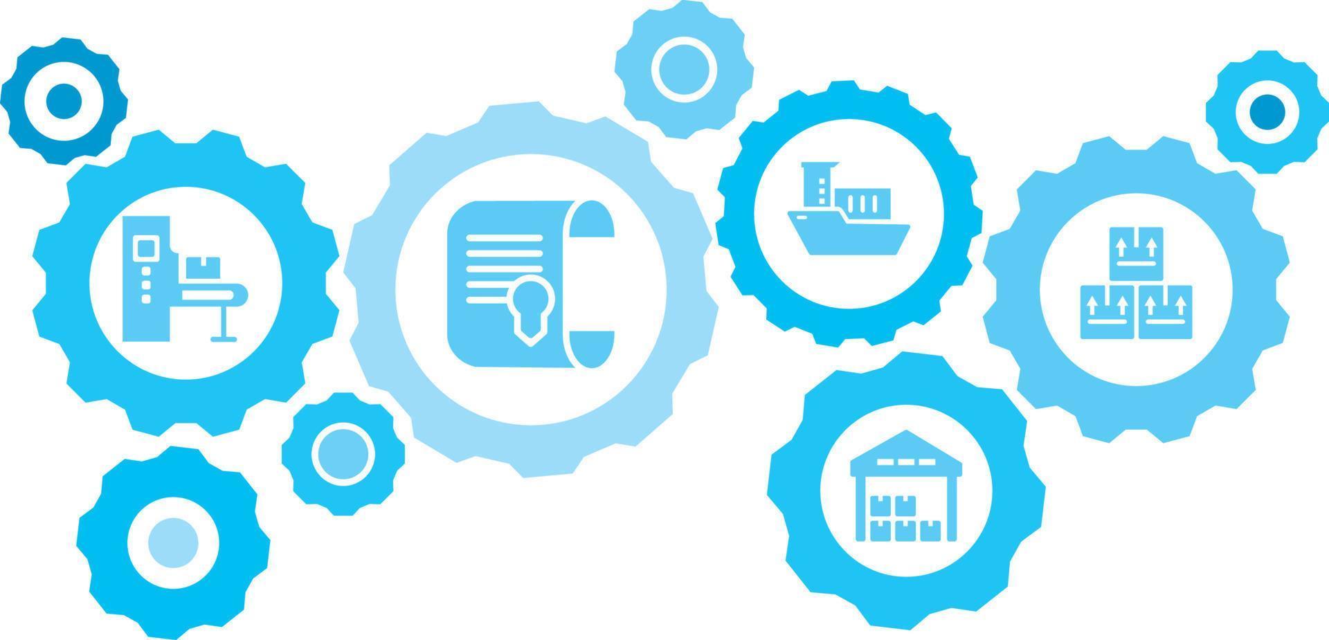 Connected gears and vector icons for logistic, service, shipping, distribution, transport, market, communicate concepts. Mass, production, three stored boxes for delivery gear blue icon set.