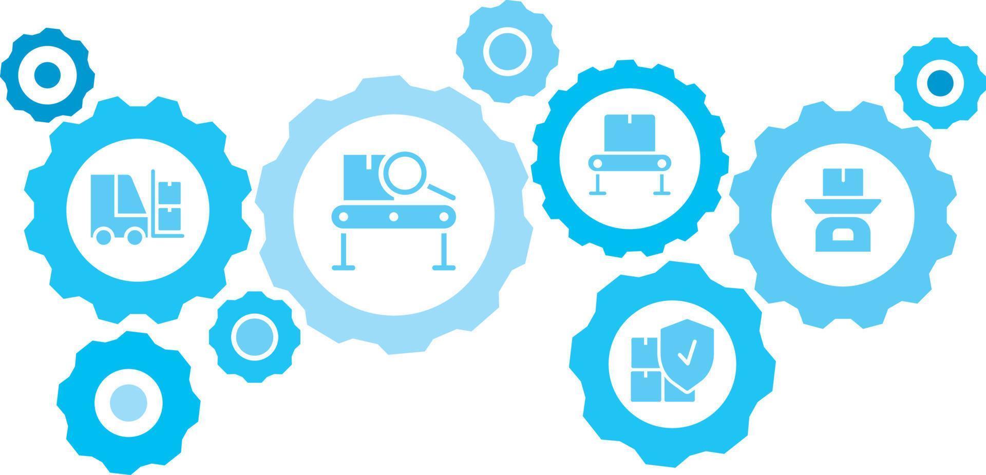 Connected gears and vector icons for logistic, service, shipping, distribution, transport, market, communicate concepts. Mass, production, weight gear blue icon set on white background