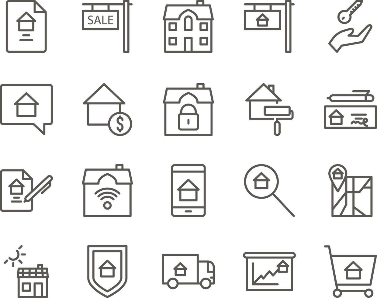 buy, cart, house, shopping set vector icons. Real estate icon set. Simple Set of Real Estate Related Vector Line Icons. Contains such Icons as Map, Plan, Bedrooms on white background