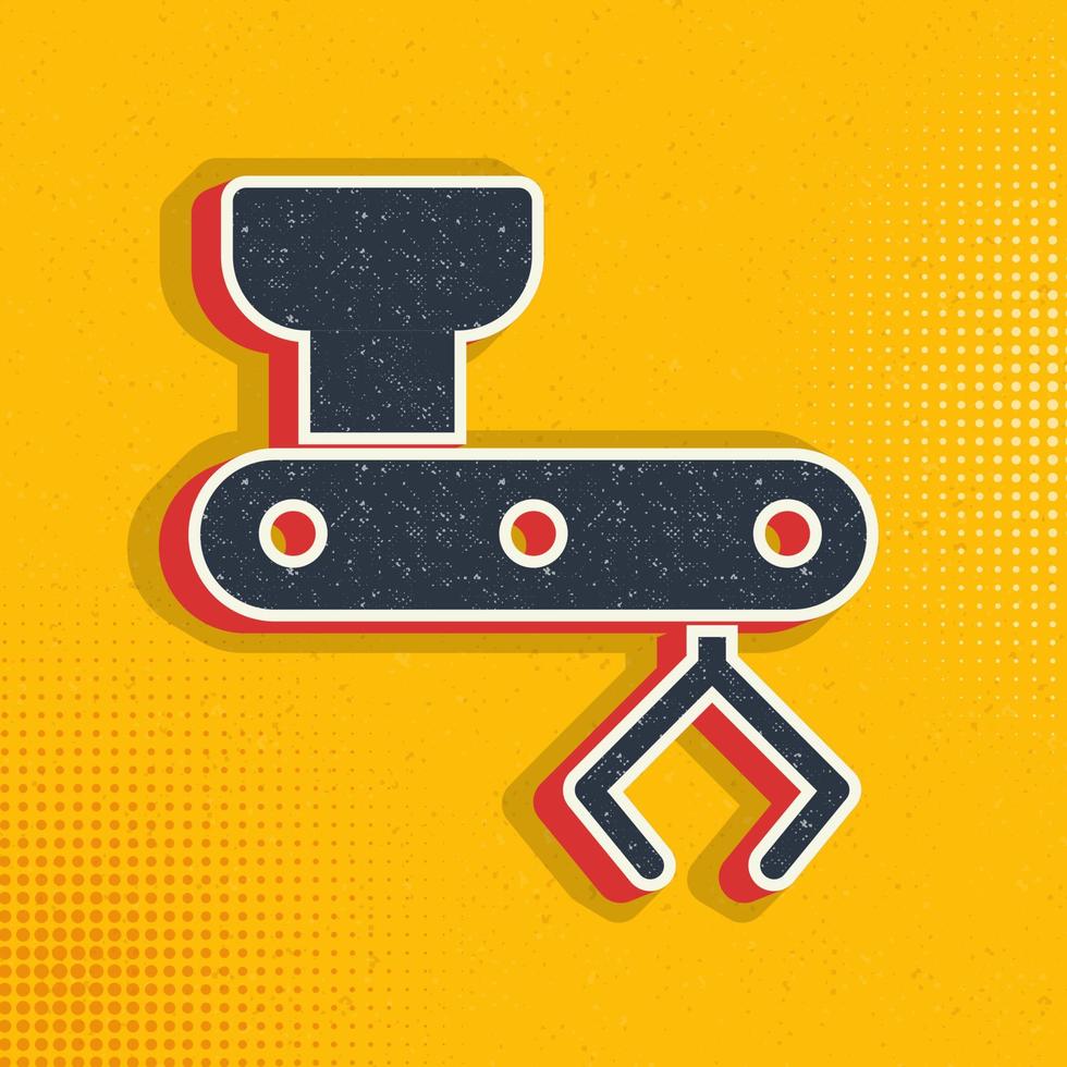 Mass production, mechanical arm pop art, retro icon. Vector illustration of pop art style on retro background