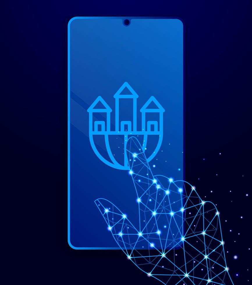 building, company, global vector icon. Polygon style touch phone vector illustration