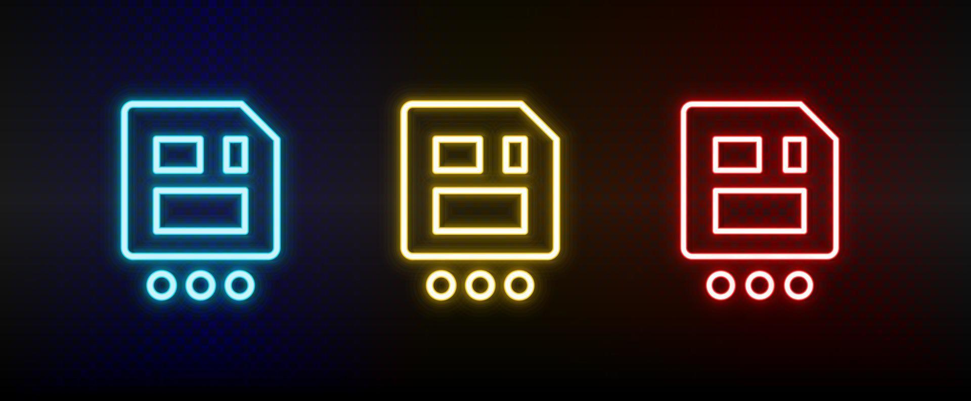 as, diskette, save neon icon set. Set of red, blue, yellow neon vector icon on dark transparent background