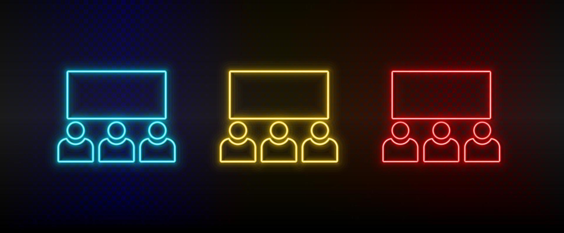 neón icono conjunto cine, avatares, usuarios conjunto de rojo, azul, amarillo neón vector icono en oscuro transparente antecedentes