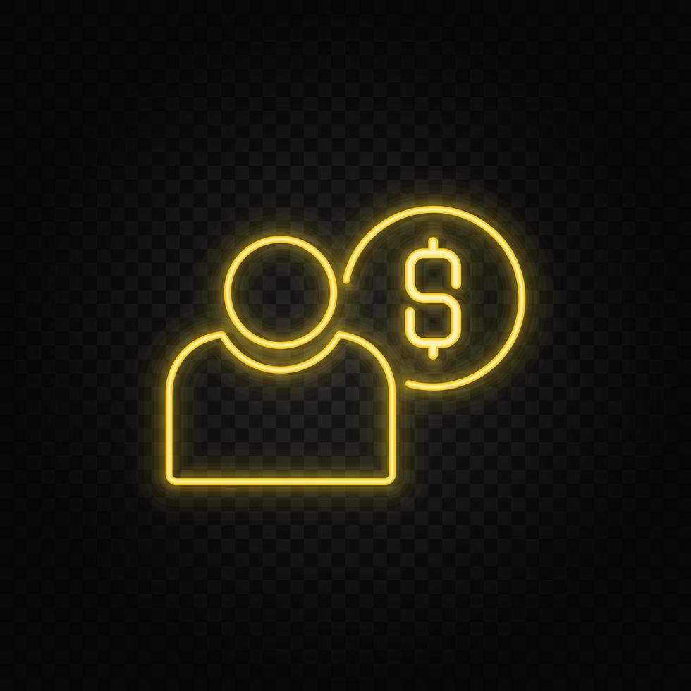 dollar, money, user yellow neon icon .Transparent background. Yellow neon vector icon on dark background