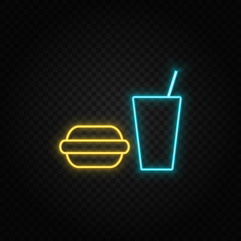 goma hamburguesa, beber. azul y amarillo neón vector icono. transparente antecedentes.