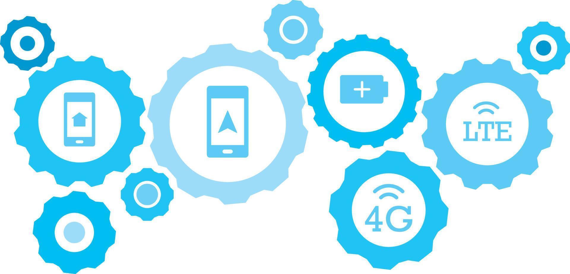 Connected gears and vector icons for logistic, service, shipping, distribution, transport, market, communicate concepts. lte, signal gear blue icon set on white background