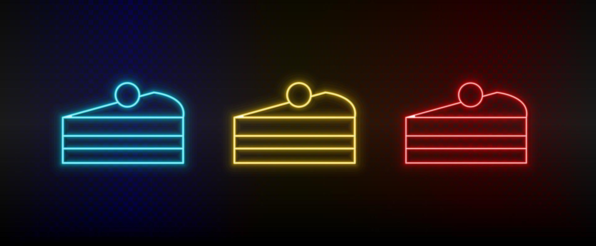 Neon icon set cake, bakery item. Set of red, blue, yellow neon vector icon on dark background