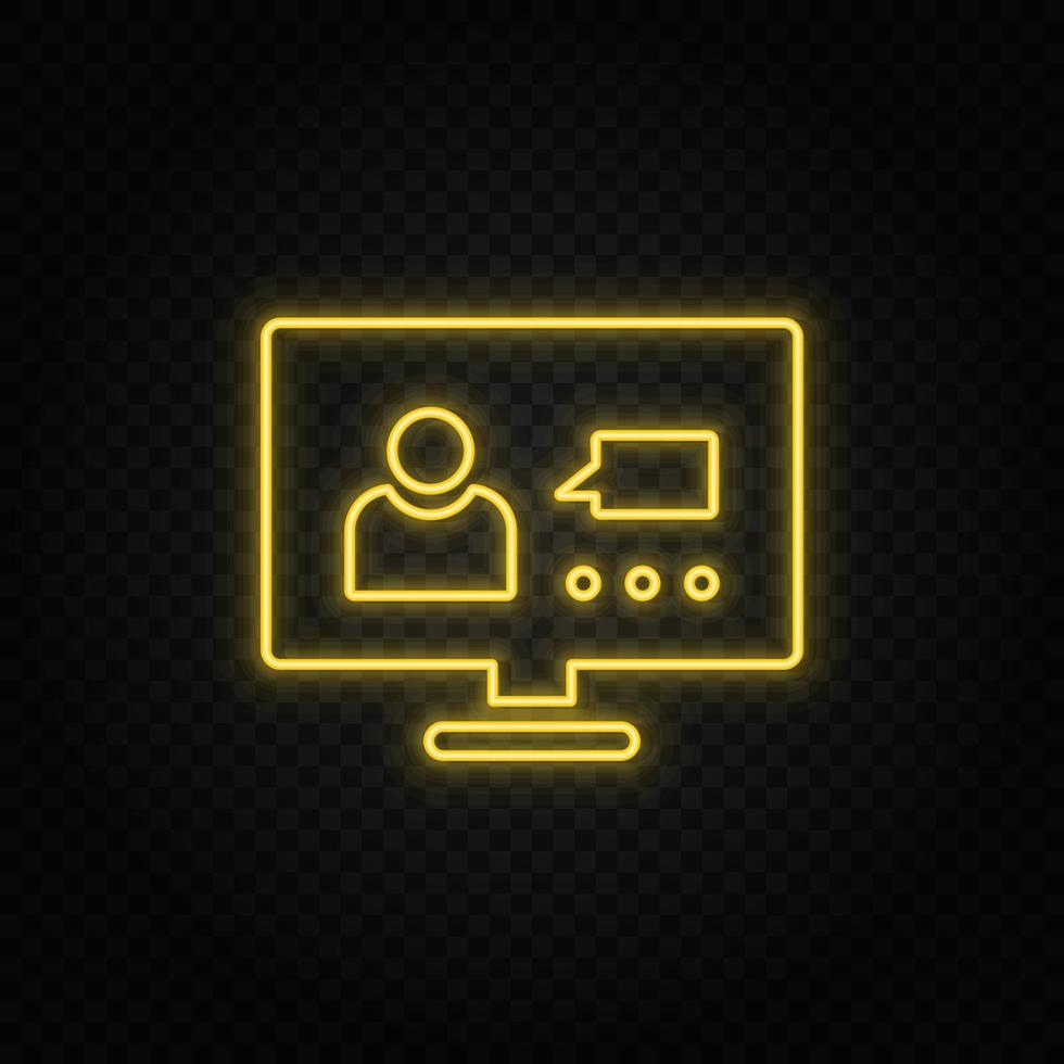 computer, video, conference, users yellow neon icon .Transparent background. Yellow neon vector icon on dark background