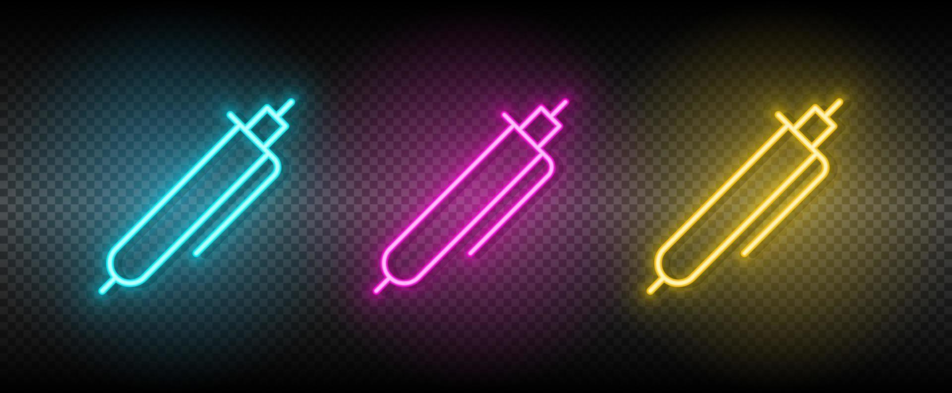 pen vector icon yellow, pink, blue neon set. Tools vector icon on dark transparency background