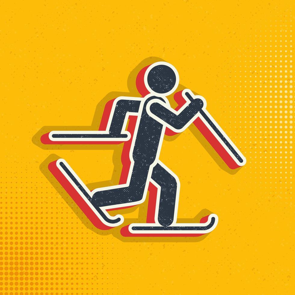 Skier skiing pop art, retro icon. Vector illustration of pop art style on retro background