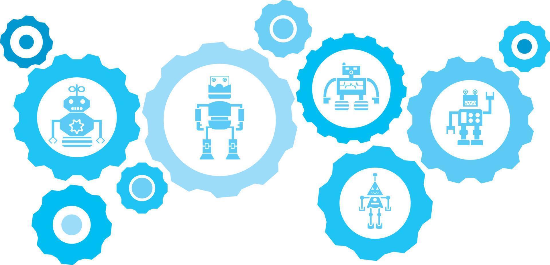 Robot, icon, technology blue gear set. Abstract background with connected gears and icons for logistic, service, shipping, distribution, transport, market, communicate concepts on white background vector