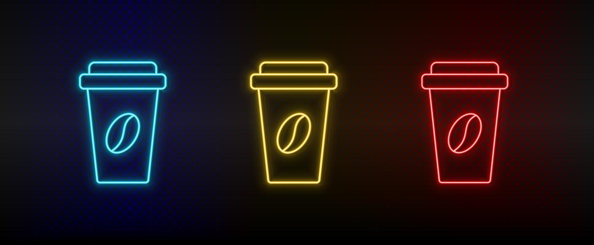 Neon icon set cold coffee. Set of red, blue, yellow neon vector icon on dark background