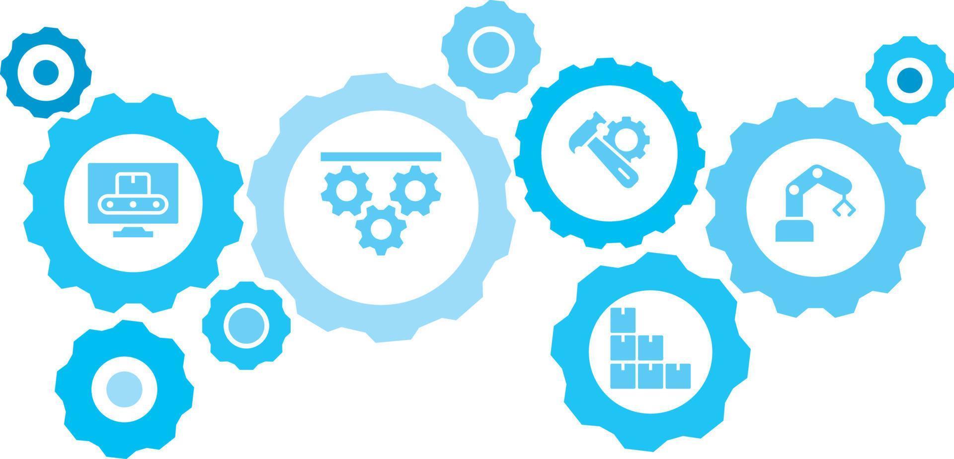 Connected gears and vector icons for logistic, service, shipping, distribution, transport, market, communicate concepts. Mass, production, mechanical gear blue icon set on white background