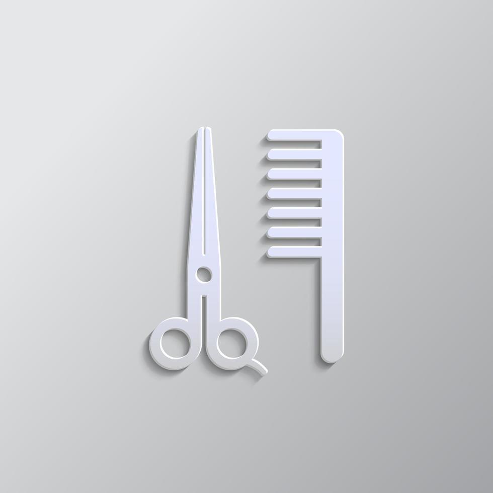 Scissors, comb, barber paper style, icon. Grey color vector background- Paper style vector icon.