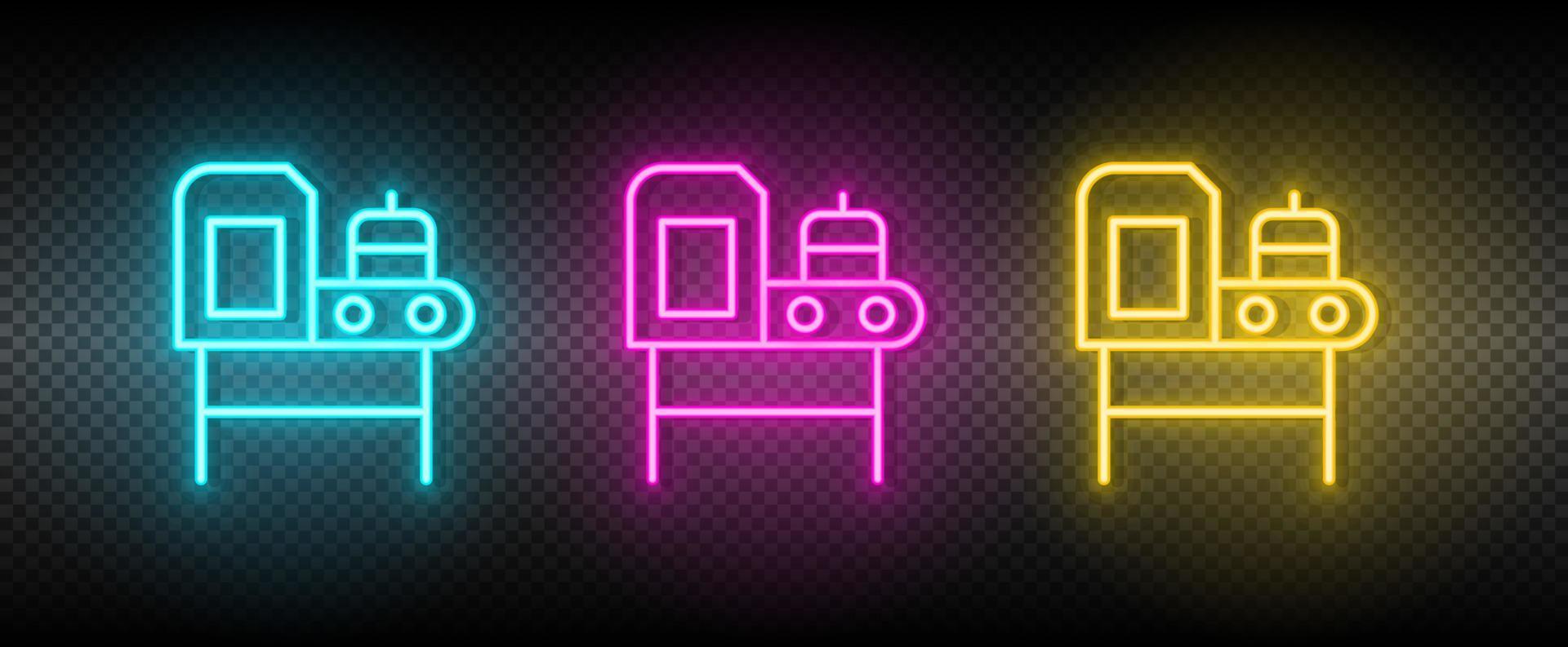 conveyor belt, machinery production neon icon set. Technology vector illustration neon blue, yellow, red icon set