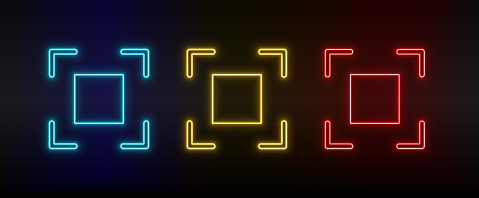 Neon icon set crosshair, focus. Set of red, blue, yellow neon vector icon on dark transparent background