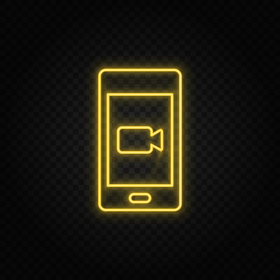 Yellow neon icon mobile, camera. Transparent background. Yellow neon vector icon on dark background