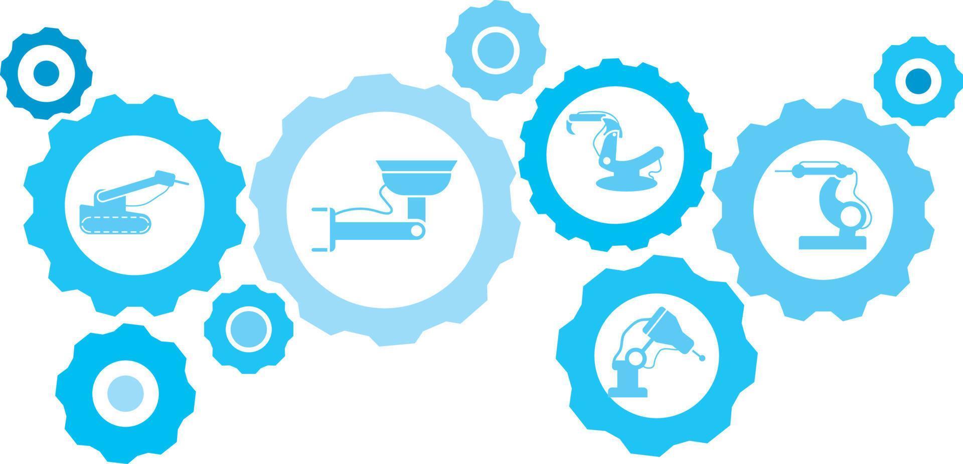 Robot, icon, technology blue gear set. Abstract background with connected gears and icons for logistic, service, shipping, distribution, transport, market, communicate concepts on white background vector