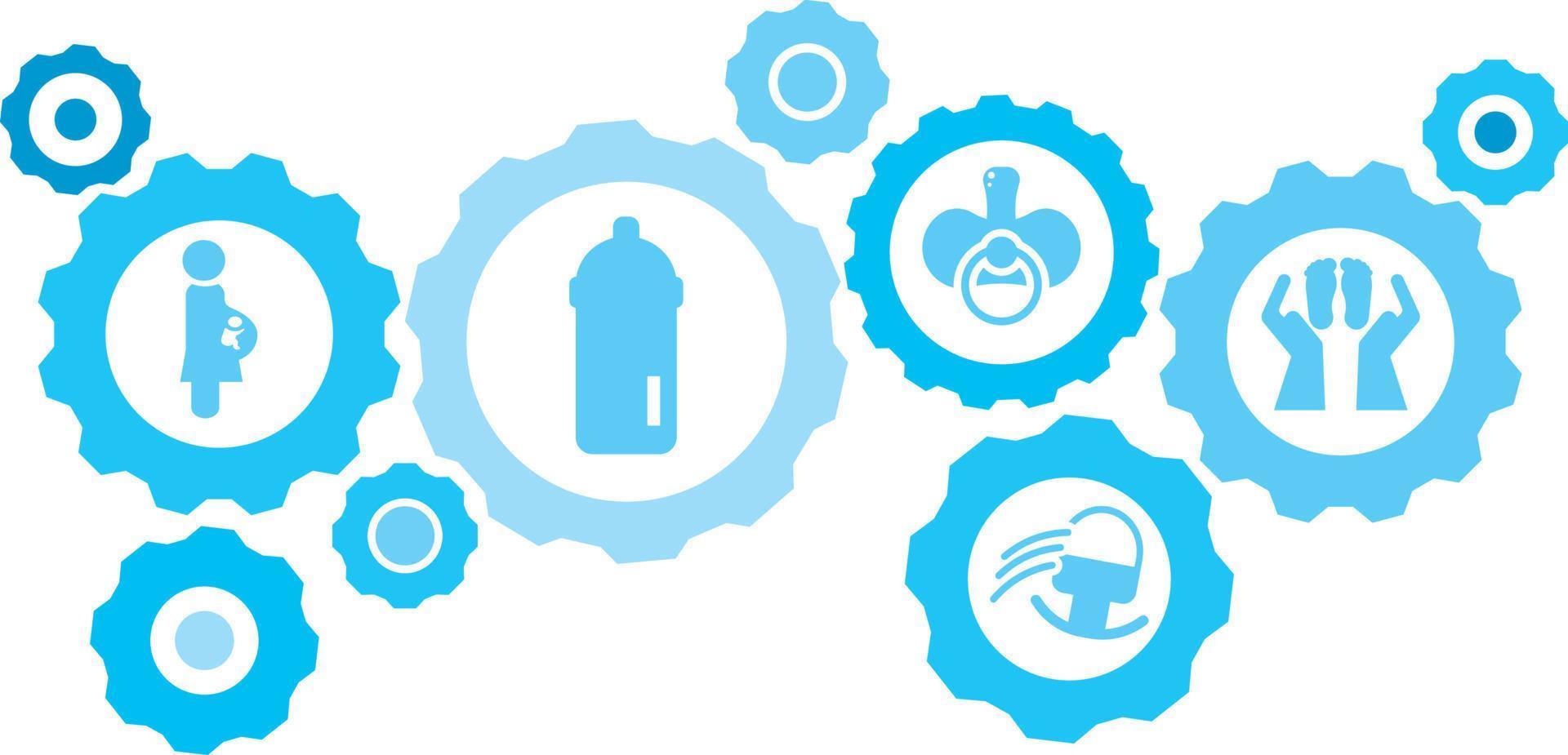 Connected gears and vector icons for logistic, service, shipping, distribution, transport, market, communicate concepts. Mother, baby, safe gear blue icon set .