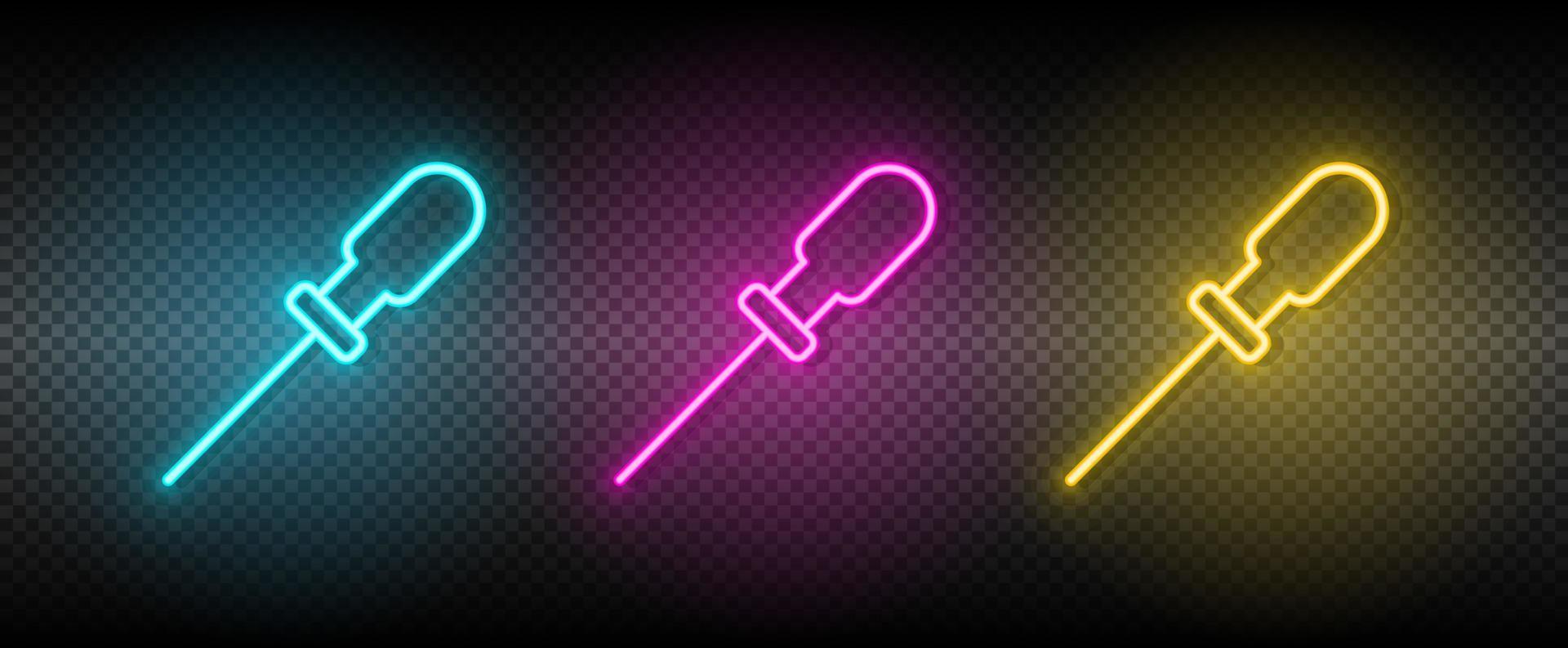 flat blade, screwdriver vector icon yellow, pink, blue neon set. Tools vector icon on dark transparency background