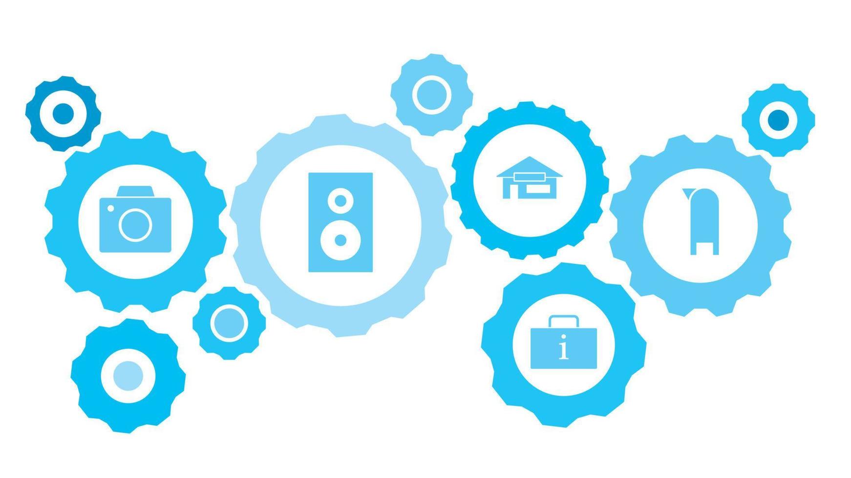 Mailbox gear blue icon set. Abstract background with connected gears and icons for logistic, service, shipping, distribution, transport, market, communicate concepts vector