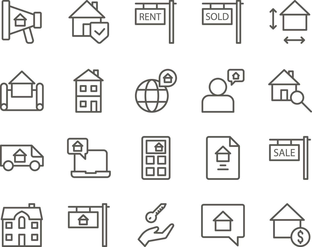 buy, house set vector icons. Real estate icon set. Simple Set of Real Estate Related Vector Line Icons. Contains such Icons as Map, Plan, Bedrooms on white background