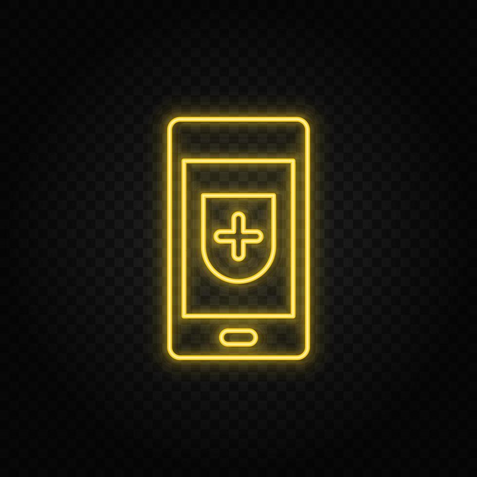 Yellow neon icon phone, security. Transparent background. Yellow neon vector icon on dark background