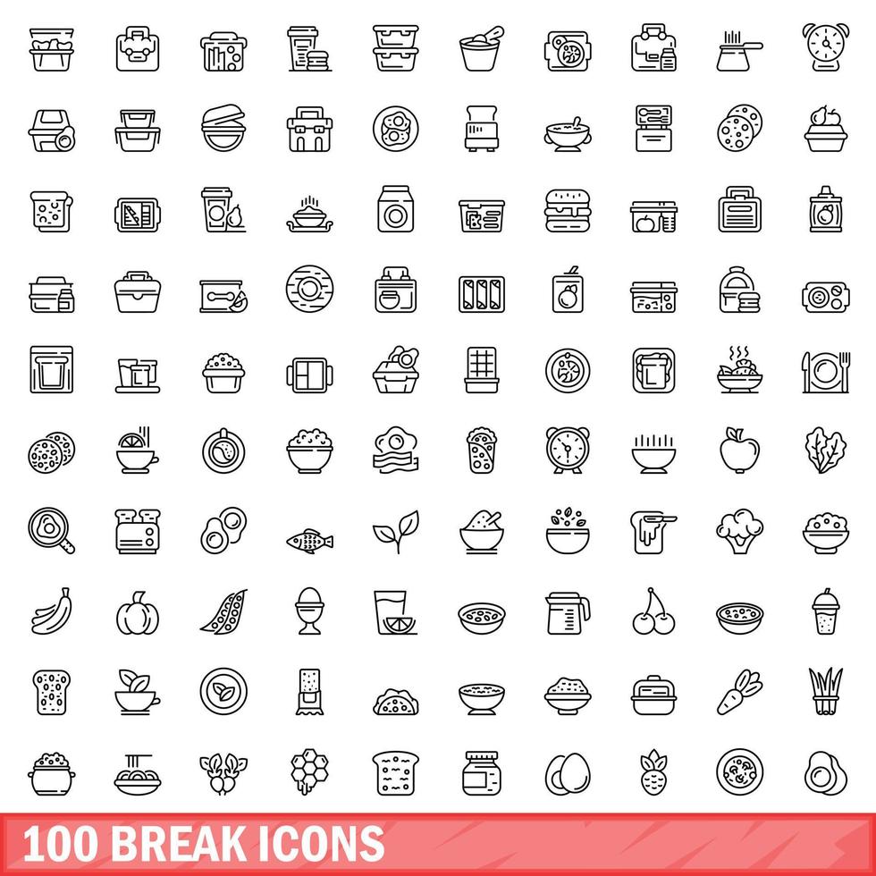 100 break icons set, outline style vector