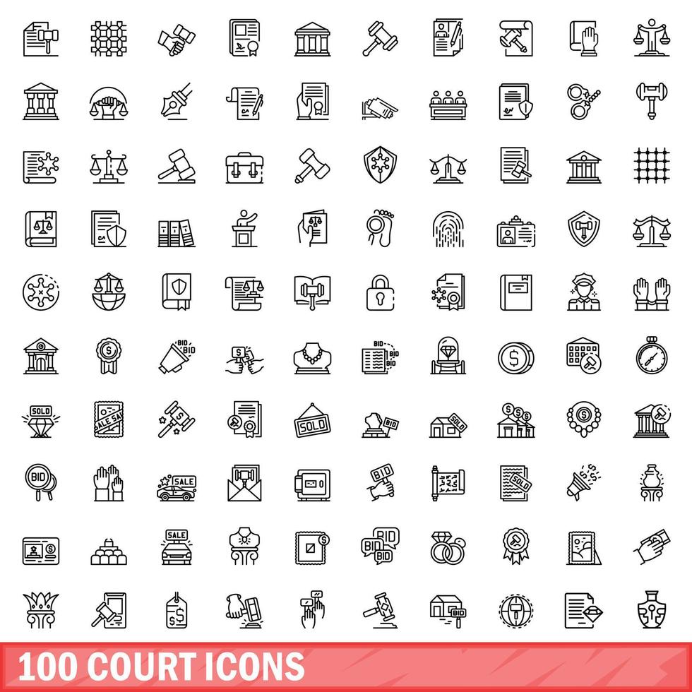 100 court icons set, outline style vector