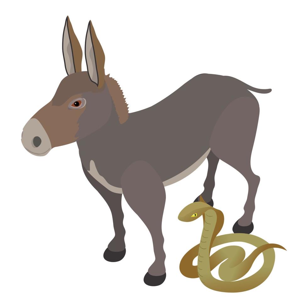 Fauna concept icon isometric vector. Standing gray donkey near king cobra icon vector