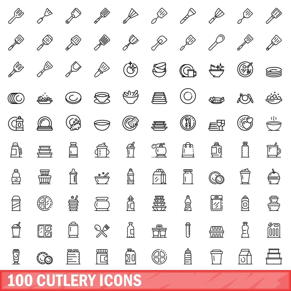 100 cutlery icons set, outline style vector